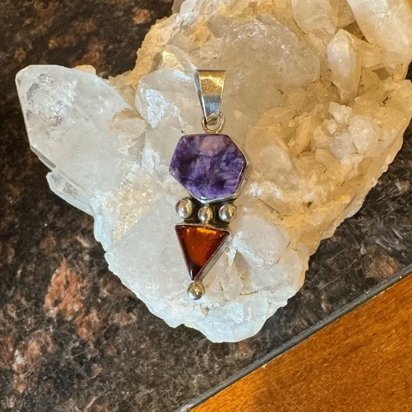 Vintage Navajo Artisan Thomas Francisco Sterling Silver Charoite Amber Pendant. - Picture 14 of 16